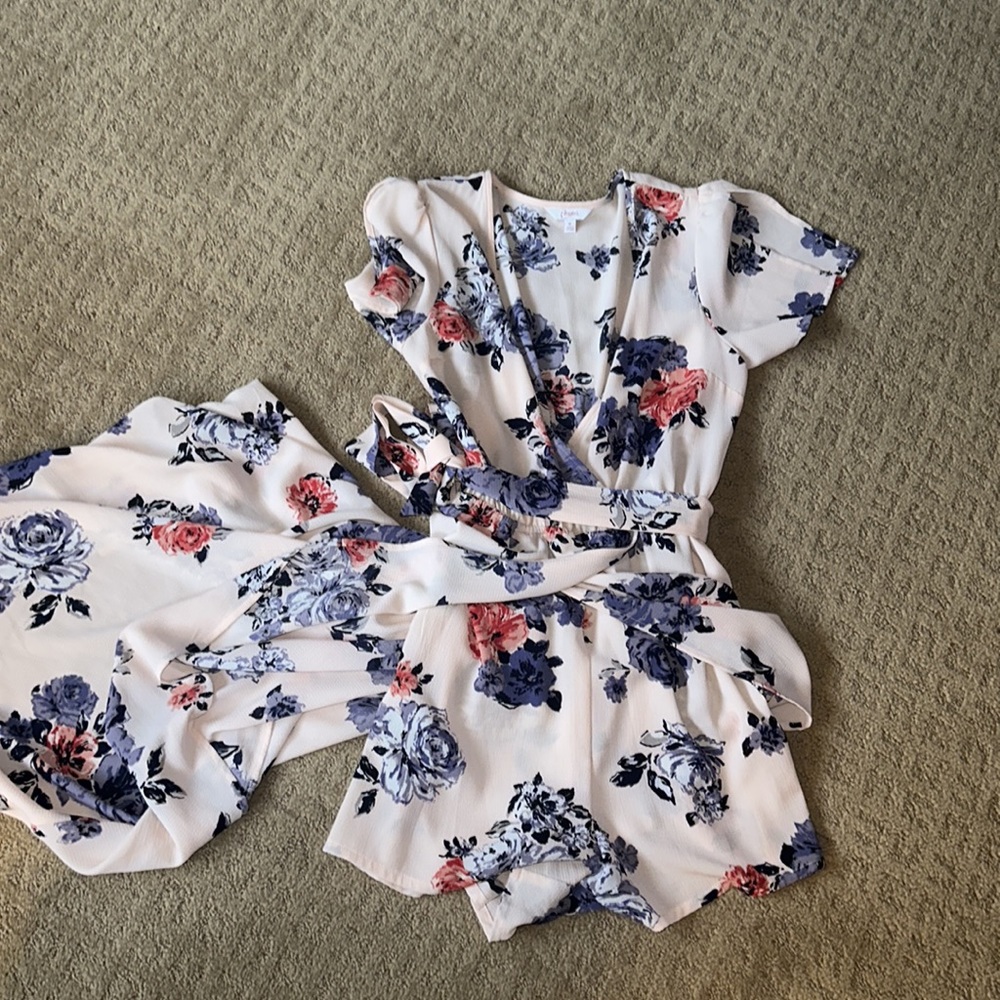 Candie's White and Blue Floral Jumpsuit